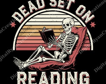 Divertente libro "Dead Set On Reading Skeleton Halloween PNG" Umorismo spettrale da libro di Halloween Prenotato fino all'osso Scheletro Autunno Vintage PNG ORIGINALE