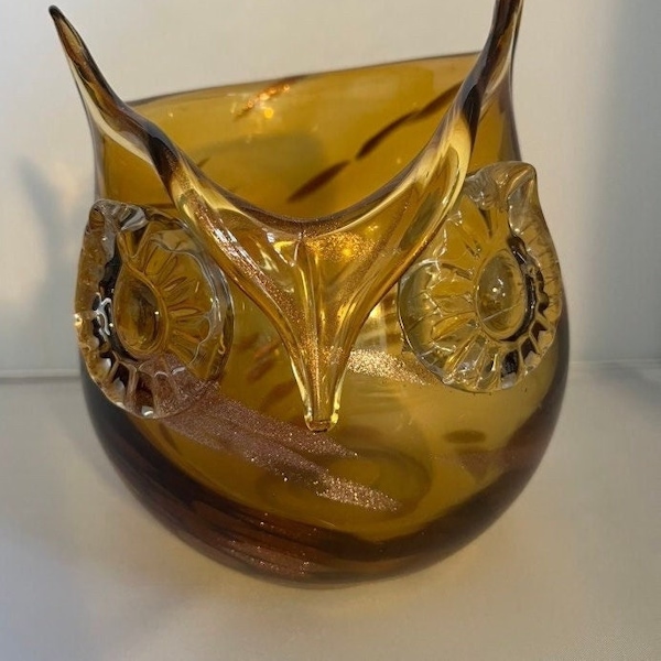Vintage Amber Gold Stripe Blown Glass Owl Vase Bowl