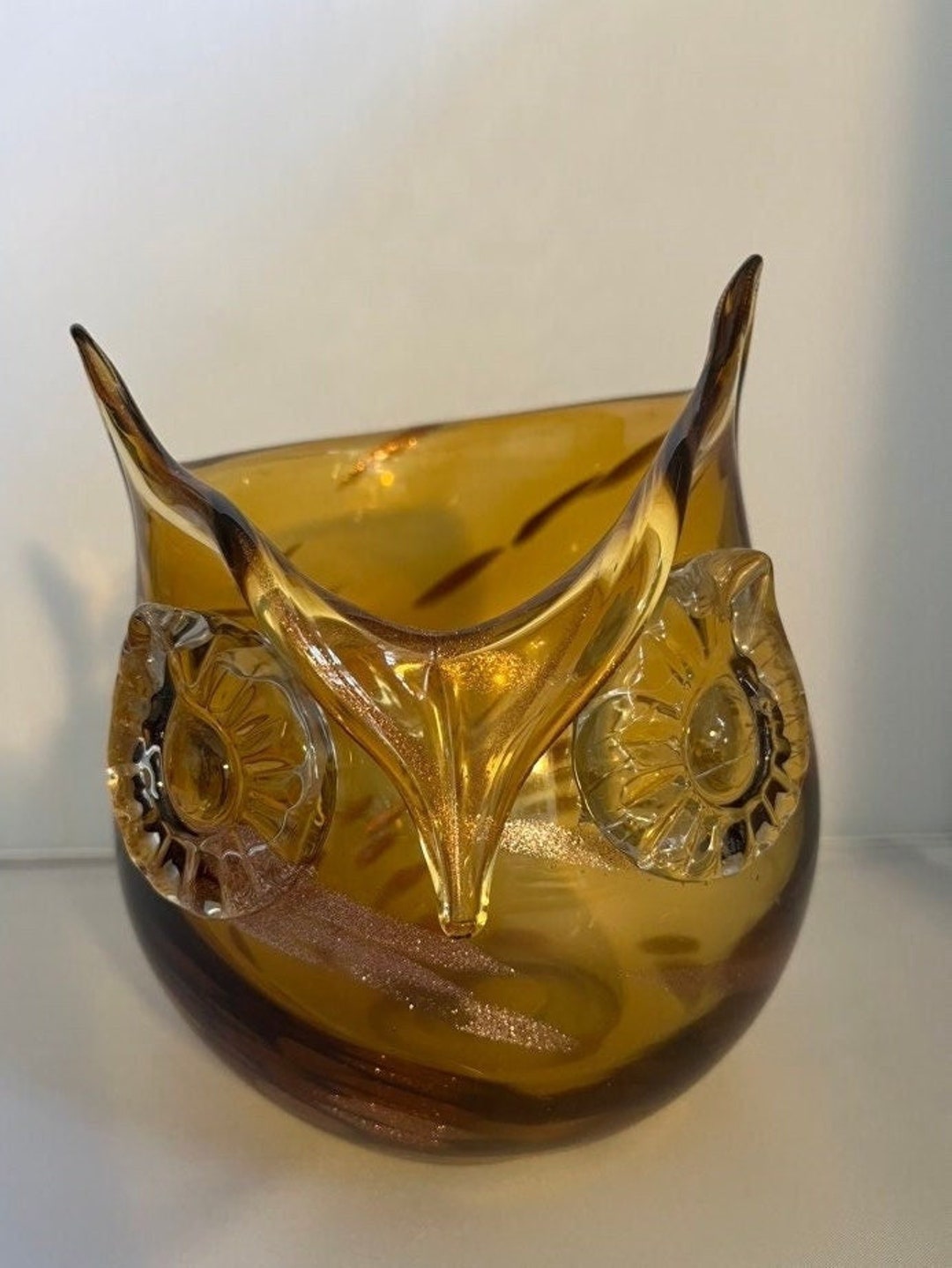 Vintage Amber Gold Stripe Blown Glass Owl Vase Bowl Etsy