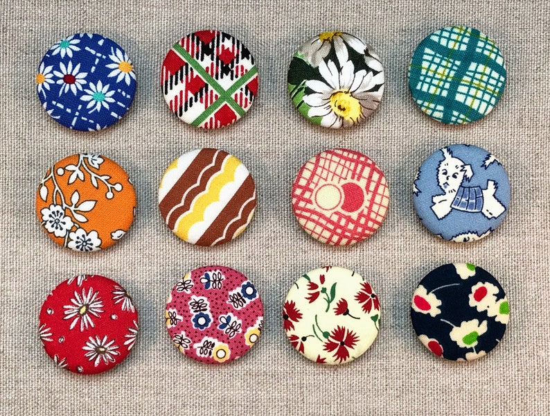 Fabric Button Magnets Set of 12 Reproduction Feedsack Fabrics 4 image 1