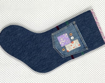 Quilted Denim Patchwork Christmas Stocking - Scrap Patches and Vintage Buttons - Blue Jean Stocking