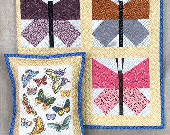 Baby Quilt and Pillow Set - Reproduction Feedsack Heirloom Quilt - Handmade Butterfly Quilt - Table Topper - Wall Hanging - Quilted Pillow