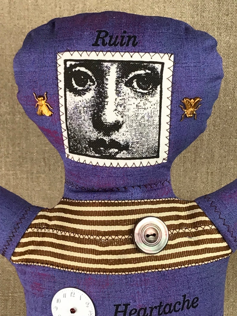 Voodoo Doll Melancholy Face Violet Distressed Muslin Folk Art Doll image 7