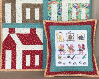 Baby Quilt and Pillow Set - Gender Neutral Quilt - Three Little Pigs House Quilt - Table Topper - Wall Hanging - Quilted Pillow - Feedsack