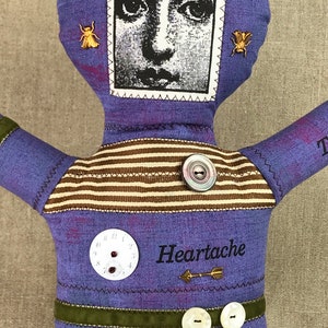 Voodoo Doll Melancholy Face Violet Distressed Muslin Folk Art Doll image 3