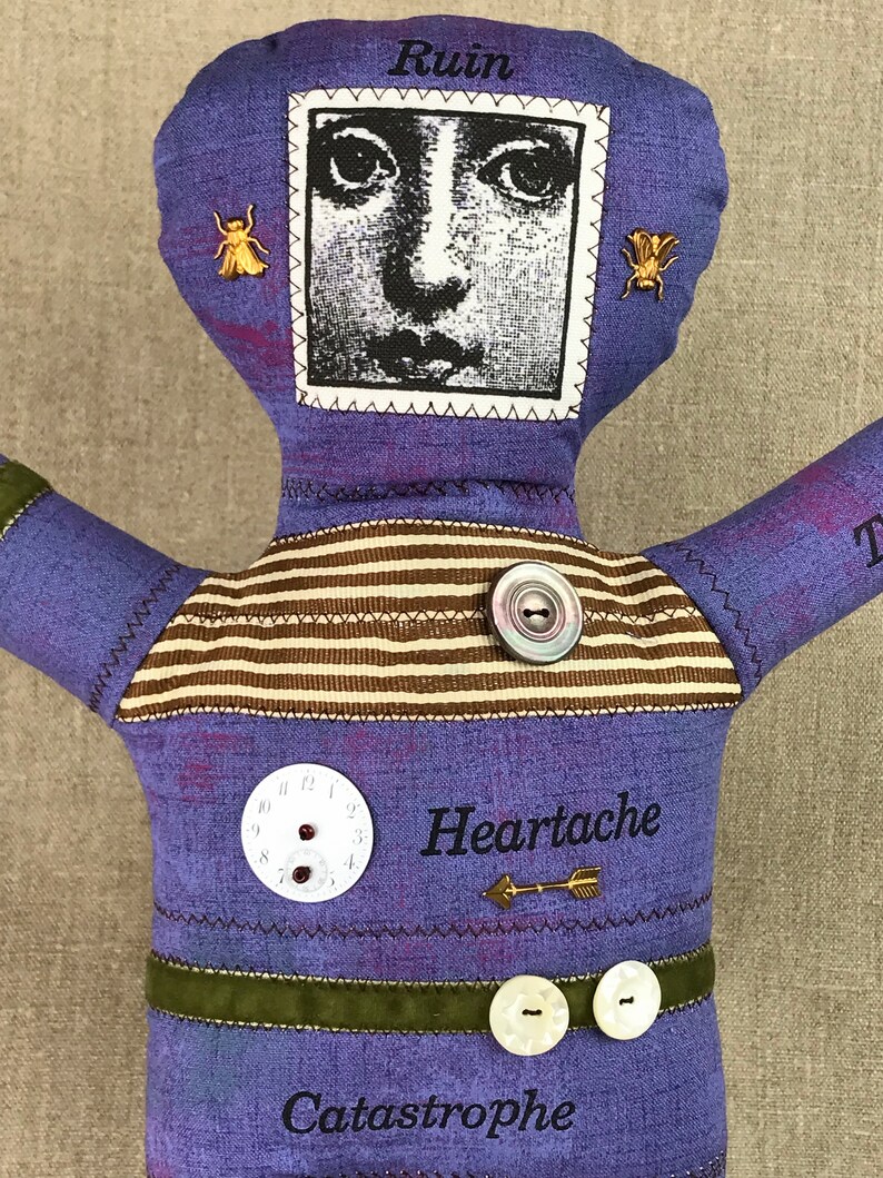 Voodoo Doll Melancholy Face Violet Distressed Muslin Folk Art Doll image 3