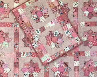 Twin Patchwork Quilt and Pillow Sham Set - Feedsack Quilt - Quilted Pillow Sham - 30s Pink Quilt