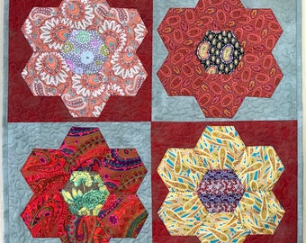 Quilted Pillow Sham - Euro Sham - Hexagon Flower Patchwork - Kaffe Fassett Art Fabrics - Farmhouse Flea Market Style - Vintage Aesthetic