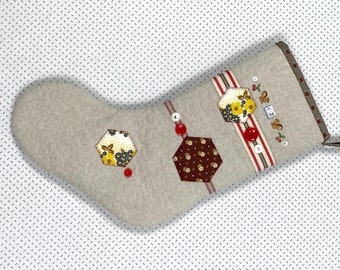 Quilted Linen Patchwork Christmas Stocking - Scrap Patches and Vintage Buttons - Applique Feed Sack Stocking