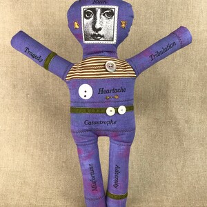 Voodoo Doll Melancholy Face Violet Distressed Muslin Folk Art Doll image 6