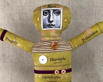 Voodoo Doll - Melancholy Face - Violet Distressed Muslin - Folk Art Doll