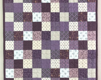 Quilted Pillow Sham - Euro Sham - Postage Stamp Quilt - Plum Purple and Ecru Reproduction Calico Prints