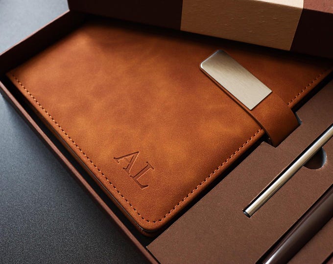 Custom Initials Notebook with pen,Personalized A5 Vegan Leather Notebook,Father's Day Gifts Men