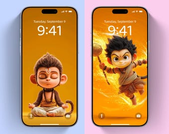 Adorable set de fondos de pantalla digitales del bebé Hanuman / 8 lindos fondos de pantalla PNG para celular del dios hindú / Arte de pared del dios mono chibi / Pantalla de bloqueo espiritual