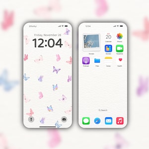 May include: Two smartphone screens displaying a butterfly-themed wallpaper. The lock screen shows the time and date, with a pattern of pink, purple, and blue butterflies. The home screen features app icons, including Calendar, Photos, and Music.