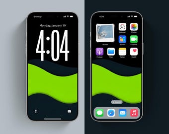 Fondo de pantalla de iPhone con ondas verdes / Pantalla de bloqueo abstracta minimalista / Fondo de teléfono con estética moderna / Degradado oscuro limpio / Descarga digital / 8k