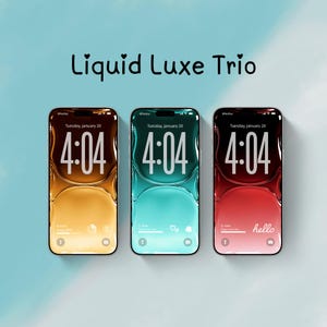 May include: Three smartphones with liquid-style wallpapers in gold, teal, and red, each displaying the time 4:04. The text "Liquid Luxe Trio" is above the phones. The date is Tuesday, January 20.