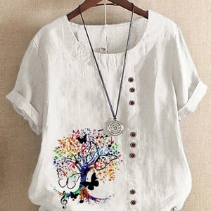 2024 Women's New Fashion Summer Music Tree Prined Round Neck Short Sleeve T-shirt Casual Loose Solid Color Blouse Tops Plus Size