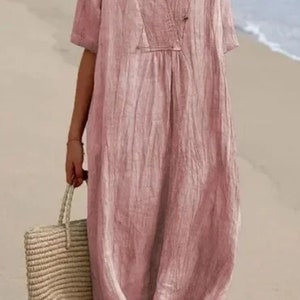 Stylish V-neck Linen Dress for Summer, Women's Trendy Fashion, Short Sleeve, Casual Loose Fit, Comfortable Chic Look, Cotton Linen Apparel.