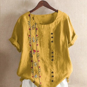 Cotton Linen Embroidery Women's Shirts: Elegant Vintage Floral Short Sleeve, Casual Workwear Tops Blouses, Summer New, 5XL