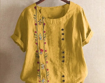 Camisas de mujer con bordado de lino y algodón: elegantes blusas florales Vintage de manga corta, ropa de trabajo informal, novedad de verano, 5XL