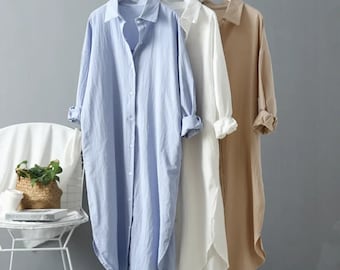 2024 frühling Casual frauen Blusen Koreanische Kleidung Herbst Vintage Leinen Baumwolle Mid-Länge Weißes Hemd Kleid Für Weibliche chic Tops