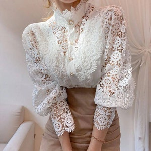 Elegant Lace Office Shirt Women's Blouse Long Sleeve Button Up Blouses Tops 2024 Spring Fashion Casual Ladies Shirts Top zdjęcie 1