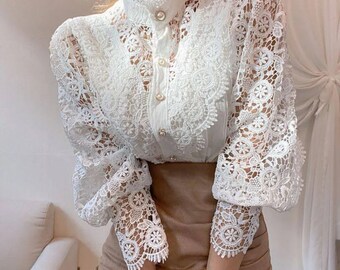 Elegant Lace Office Shirt Women's Blouse Long Sleeve Button Up Blouses Tops 2024 Spring Fashion Casual Ladies Shirts Top