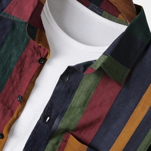 Stripe Blouse Cotton Linen Button T-Shirt, Stripe Long Sleeve Shirt, Casual Men Streetwear T-Shirt, Gift for Him zdjęcie 3