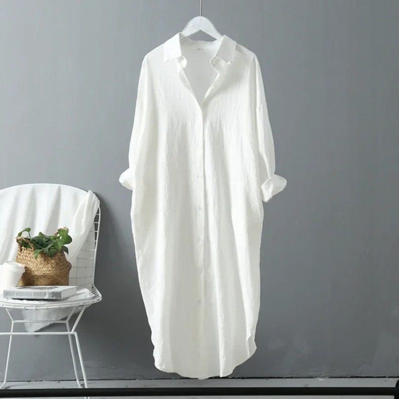 2024 Spring Casual Women's Blouses Korean Clothing Autumn Vintage Linen Cotton Mid-Length White Shirt Dress For Female Chic Tops Biały