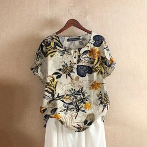 2024 Women Cotton Shirt Fashion Floral Printed Tops Ladies Kaftan Chemise Summer Short Sleeve Blouses Causal O-neck Tunic