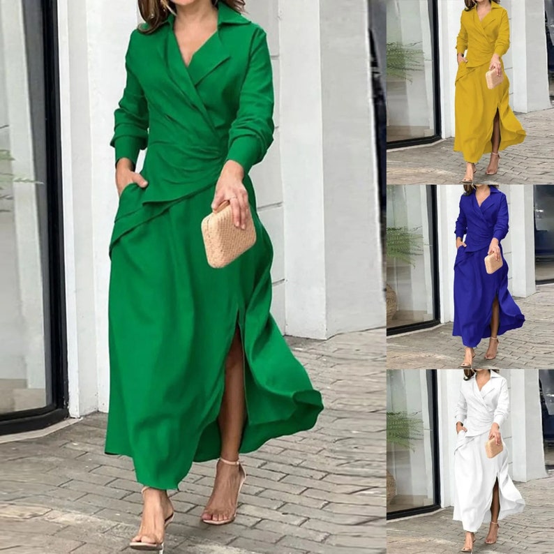 Elegant Shirt Dress 2024 Women Summer Dress Office Sundress Casual Solid Color Maxi Dress Long Sleeve Lapel Neck Vestidos Robe zdjęcie 2
