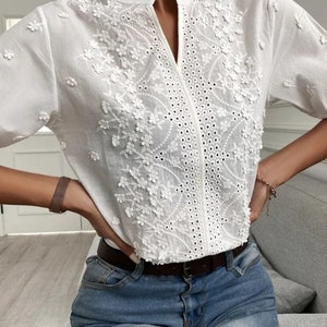 Ladies Spring/Summer Floral Embroidery Cotton Lace Blouse Hollow-out Stand Collar V Neck Casual Shirt Elegant Short Sleeve Cotton Top