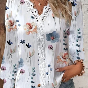 Ladies Spring/Summer V-neck Vintage Floral Printed Blouse Long Sleeve Lace Stitching Loose Fitting Elegant & Chic New for 2024