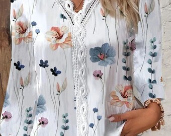 Dames Lente/Zomer V-hals Vintage Bloemenprint Blouse Lange mouwen Kanten stiksel Losvallend Elegant en chic Nieuw voor 2024