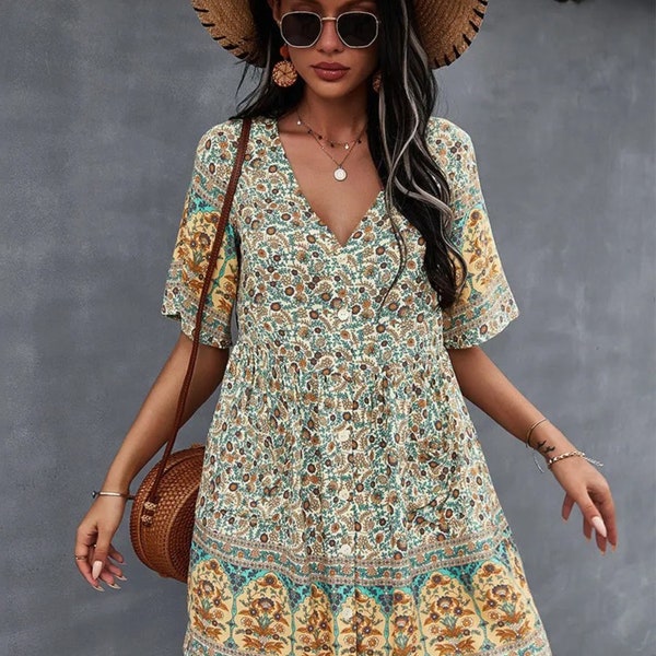 Floral Print Sommer kurzes Kleid Frauen lässig V-Ausschnitt Boho Kurzarm Kleid für Frauen, Vintage-Stil, Sommerkleid, Tunika-Kleid, Geschenk2024