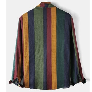Stripe Blouse Cotton Linen Button T-Shirt, Stripe Long Sleeve Shirt, Casual Men Streetwear T-Shirt, Gift for Him image 2