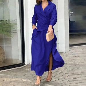 Elegant Shirt Dress 2024 Women Summer Dress Office Sundress Casual Solid Color Maxi Dress Long Sleeve Lapel Neck Vestidos Robe zdjęcie 4