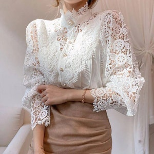 Elegant Lace Office Shirt Women's Blouse Long Sleeve Button Up Blouses Tops 2024 Spring Fashion Casual Ladies Shirts Top Biały