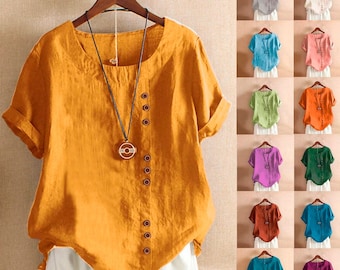 2024 Zomer Casual Linnen Katoenen Blouse Vrouwen Elegante Knop Korte Mouw Plus Size Tanic Boho Tops en Blouses Streetwear