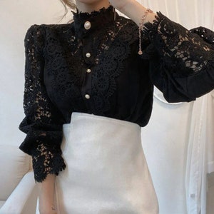 Elegant Lace Office Shirt Women's Blouse Long Sleeve Button Up Blouses Tops 2024 Spring Fashion Casual Ladies Shirts Top Czarny