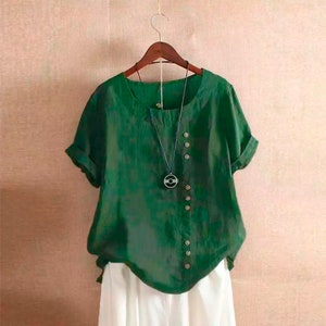 2024 Summer Casual Linen Cotton Blouse Women Elegant Button Short Sleeve Shirt Plus Size Tanic Boho Tops and Blouses Streetwear dark green