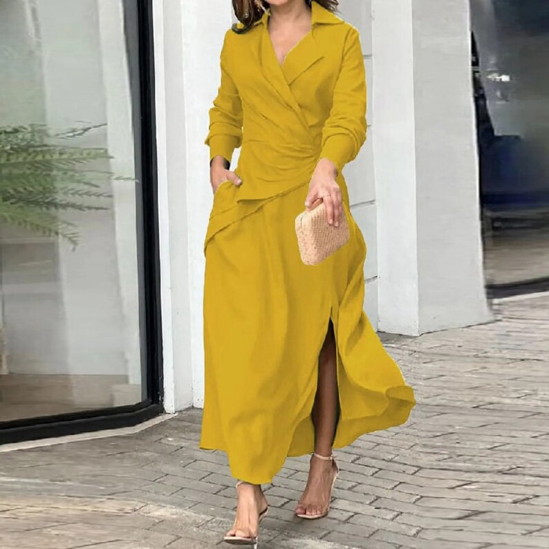 Elegant Shirt Dress 2024 Women Summer Dress Office Sundress Casual Solid Color Maxi Dress Long Sleeve Lapel Neck Vestidos Robe zdjęcie 5