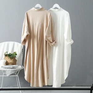 2024 Spring Casual Women's Blouses Korean Clothing Autumn Vintage Linen Cotton Mid-Length White Shirt Dress For Female Chic Tops zdjęcie 9
