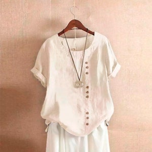 2024 Summer Casual Linen Cotton Blouse Women Elegant Button Short Sleeve Shirt Plus Size Tanic Boho Tops and Blouses Streetwear Beż