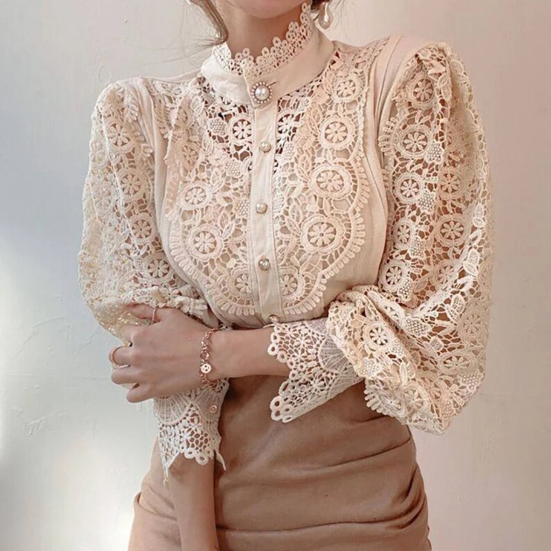 Elegant Lace Office Shirt Women's Blouse Long Sleeve Button Up Blouses Tops 2024 Spring Fashion Casual Ladies Shirts Top Beż