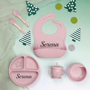 Juego de destete de silicona personalizado para bebés, babero de silicona grabado, juego de destete de dibujos animados para bebés pequeños y niños, juego de silicona con temática navideña.