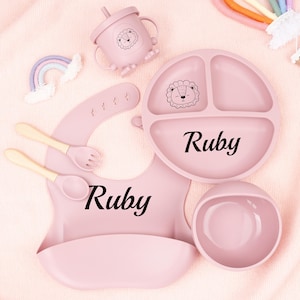 Personalized Toddler Girl Dining Set,Feeding Set With Name, Engraved Silicone Bib,Cartoon Weaning Set for Toddler Baby Kids,Silicone Plate