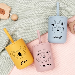 Silicone Cute Animals Engraved Sippy Cup, Cup Personalized, Silicone Cup with Straw, Toddler Training Cup, Silicone Sippy Cup, Baby Tumbler