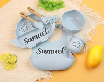 Ensemble de sevrage personnalisé en silicone, bavoir en silicone gravé, ensemble de sevrage dessin animé pour tout-petits, assiette personnalisée en silicone dinosaure.